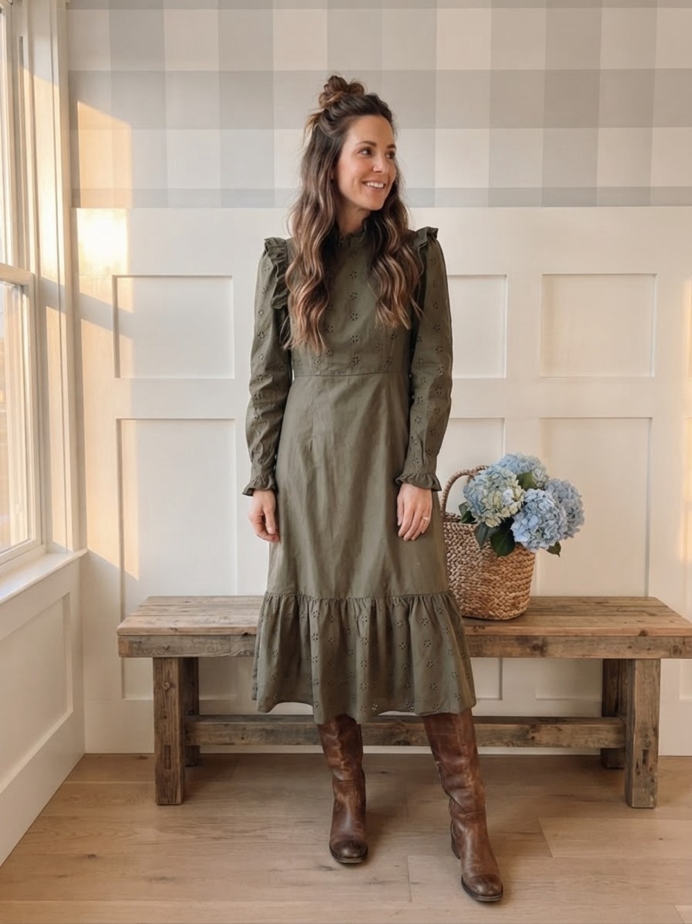 Hyacinth House Sleeve Olive Eyelet Dress with Ruffle Shoulders Small
